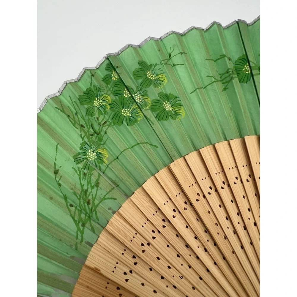 Vintage / Antique Paper & Wood Hand Floral Fan Green
